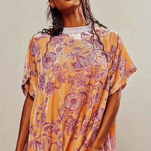 90s Orange Floral Rose Velvet Dress